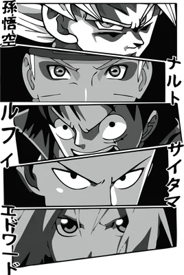 Bốn nhân vật anime nổi tiếng: Goku, Naruto, Luffy và Saitama, được thể hiện qua cận cảnh đôi mắt và biểu cảm.
