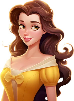 Hình minh họa nàng công chúa Belle của Disney với mái tóc nâu dài, đôi mắt to tròn và váy vàng rực rỡ.