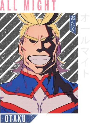 Hình ảnh All Might, nhân vật anime nổi tiếng, với nụ cười tự tin và trang phục anh hùng đặc trưng.