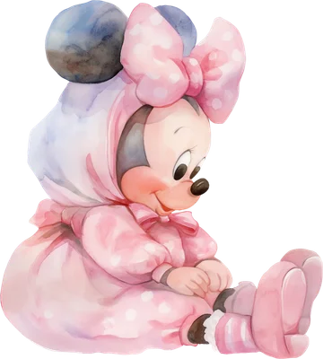 Hình ảnh Minnie Mouse bé bỏng mặc đồ ngủ hồng chấm bi, đội khăn trùm đầu, vẽ theo phong cách màu nước.