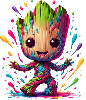 Hình ảnh Groot chibi đáng yêu với thân cây phủ đầy màu sơn rực rỡ, vui vẻ nhảy múa giữa những vệt sơn bắn tung tóe.
