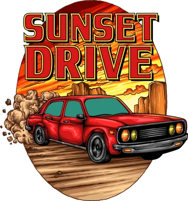 Hình minh họa xe hơi cổ màu đỏ chạy trên sa mạc lúc hoàng hôn với dòng chữ Sunset Drive
