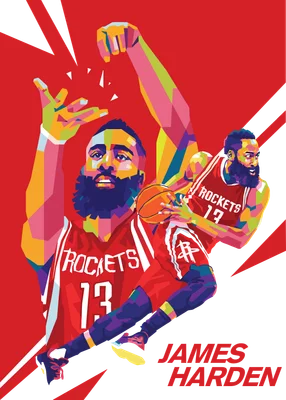 Hình ảnh James Harden trong trang phục Houston Rockets, phong cách WPAP pop art nhiều màu sắc.