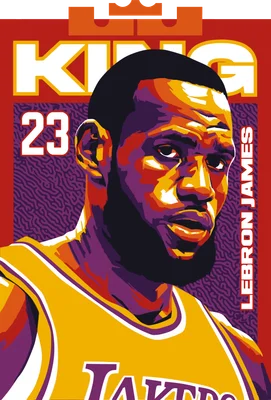 Hình ảnh pop art của LeBron James, số 23, mặc áo Lakers, với chữ 'KING' và 'LEBRON JAMES'.