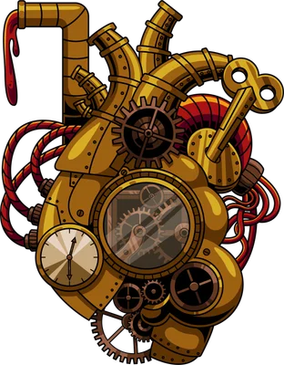 Hình minh họa trái tim cơ khí steampunk màu vàng đồng với các bánh răng, ống dẫn và một chiếc chìa khóa.