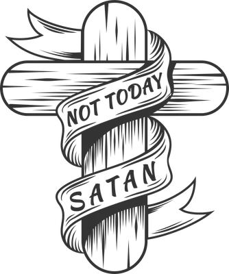 Thập giá gỗ với dải băng "Not Today Satan"