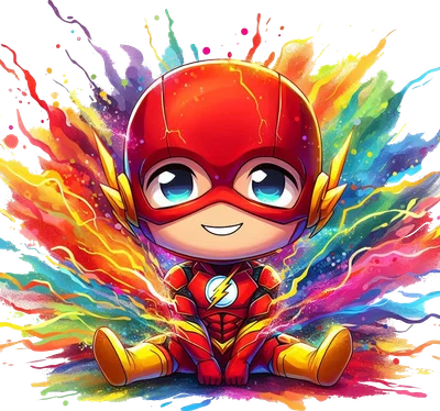 Hình ảnh Flash chibi đáng yêu trong trang phục đỏ, ngồi giữa những vệt màu nước rực rỡ, nền xám trơn.