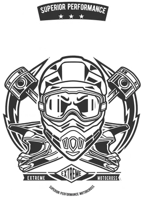 Hình ảnh minh họa phong cách graphic về Motocross Champion, tập trung vào mũ bảo hiểm, piston và các yếu tố tốc độ.