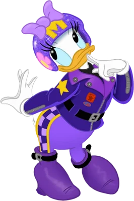 Hình ảnh vịt Daisy Duck trong trang phục biker màu tím, đội mũ bảo hiểm lấp lánh và áo khoác da, tạo dáng cá tính trên nền xám.