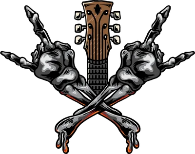Hình ảnh tay xương bắt chéo nhau, mỗi tay giơ ký hiệu rock & roll, phía sau là cần đàn guitar.