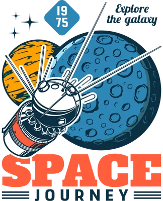 Hình minh họa tàu vũ trụ bay giữa các hành tinh và ngôi sao, với chữ 'SPACE JOURNEY' và 'Explore the galaxy' phong cách retro.
