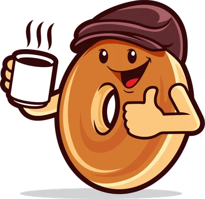 Hình ảnh hoạt hình bánh donut màu nâu cầm ly cà phê nóng, giơ ngón cái lên.
