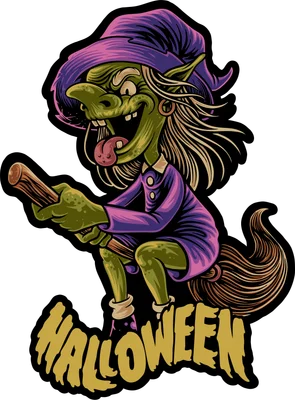 Hình ảnh minh họa phù thủy Halloween màu xanh lá cây với mũ tím, đang cười và lè lưỡi, cưỡi chổi bay, có chữ Halloween bên dưới.