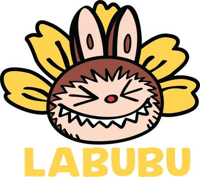 Hình vẽ nhân vật Labubu hoạt hình màu nâu với tai thỏ, lá vàng, miệng cười tinh nghịch và chữ LABUBU màu vàng.