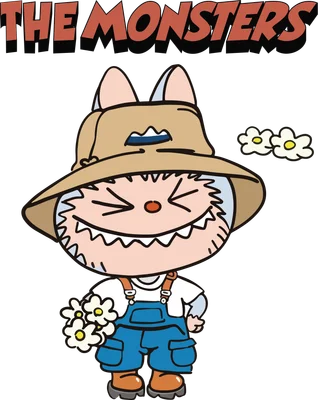 Hình vẽ hoạt hình một nhân vật quái vật đội mũ phượt màu nâu, mặc yếm xanh, cười tươi và cầm bó hoa cúc trắng.
