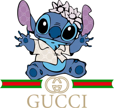 Hình ảnh Stitch màu xanh dương, đội hoa trên đầu, mặc áo sơ mi in họa tiết GG của Gucci, ngồi trên nền xám với logo Gucci bên dưới.