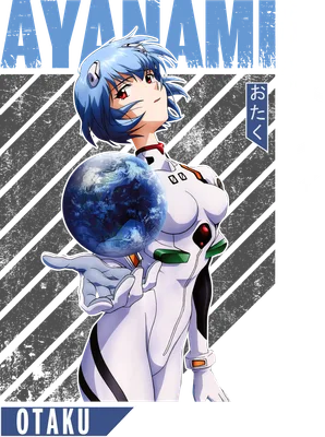 Hình ảnh Rei Ayanami trong bộ đồ trắng, cầm quả địa cầu, có chữ AYANAMI và Otaku.