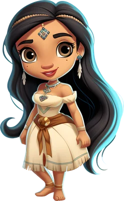 Hình ảnh cô gái hoạt hình chibi dễ thương, tóc đen dài, mặc váy trắng, đeo trang sức thổ cẩm màu xanh ngọc.