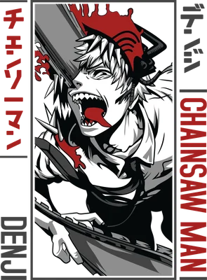 Hình minh họa nhân vật Denji từ Chainsaw Man với biểu cảm gầm thét, lưỡi cưa đỏ rực và máu bắn tung tóe.