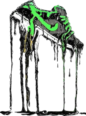 Hình ảnh giày sneaker với hiệu ứng chảy mực neon xanh lá và đen trên nền xám.