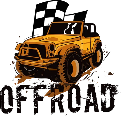 Hình minh họa xe địa hình màu vàng cam với cờ đích và chữ OFFROAD