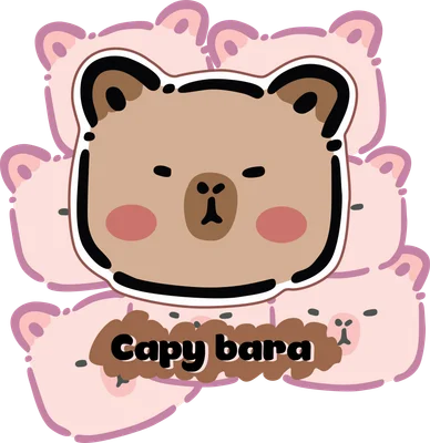 Hình vẽ hoạt hình đầu capybara màu nâu nhạt với má hồng, mắt nhắm và dòng chữ 'Capy bara' màu đen.