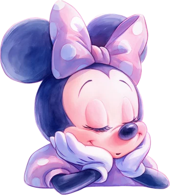 Hình ảnh Minnie Mouse đáng yêu đang ngủ say, hai tay chống cằm, với chiếc nơ chấm bi màu hồng tím nổi bật.
