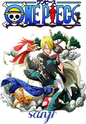 Hình ảnh Sanji từ One Piece với phong cách anime, đứng cạnh một con gà trống và các loài chim khác, có logo One Piece phía trên.
