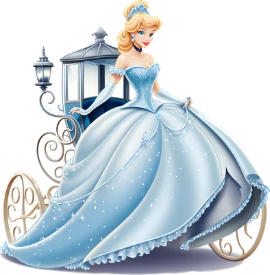 Hình ảnh công chúa Lọ Lem Cinderella trong chiếc váy dạ hội màu xanh lộng lẫy, tóc vàng, đứng cạnh cỗ xe ngựa cổ tích.