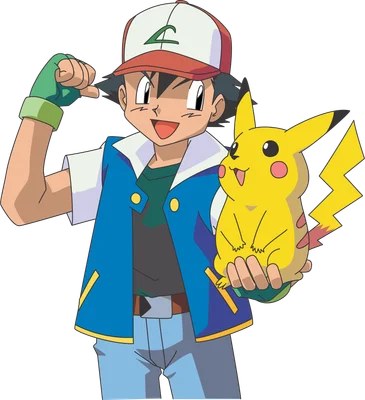 Ash Ketchum và Pikachu đang cười tươi, Ash chỉ tay vào mình và ôm Pikachu.
