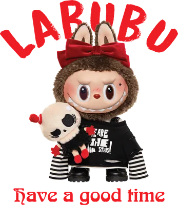 Hình ảnh nhân vật Labubu The Monsters đáng yêu phong cách punk rock, mặc áo rách đen, sọc trắng đen, ôm búp bê đầu lâu.