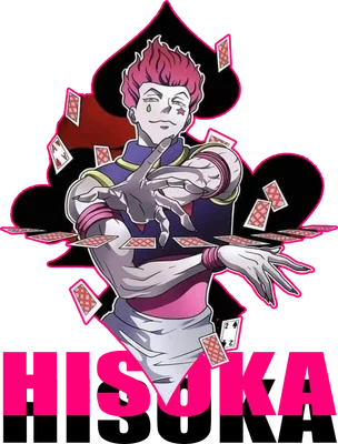 Hình ảnh nhân vật anime Hisoka với mái tóc hồng, tung bài ma thuật, có biểu tượng quân bích lớn phía sau.