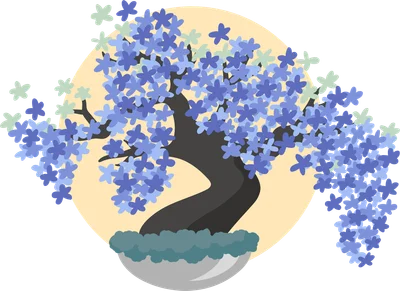 Hình minh họa cây bonsai với hoa màu tím và xanh nhạt, nở rộ trên nền hình tròn màu vàng nhạt, tượng trưng cho ánh trăng.