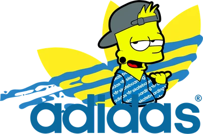 Hình ảnh Bart Simpson đội mũ ngược, mặc áo in logo Adidas, đứng trước logo Adidas cách điệu.
