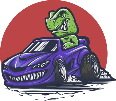 Hình minh họa khủng long T-Rex đầu xanh lá cây đang lái chiếc xe đua hot rod màu tím với biểu cảm hung dữ, phong cách hoạt hình.