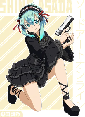 Nhân vật anime Sinon (Asada Shino) từ Sword Art Online, mặc váy đen Gothic, cầm súng lục, tóc xanh lam.