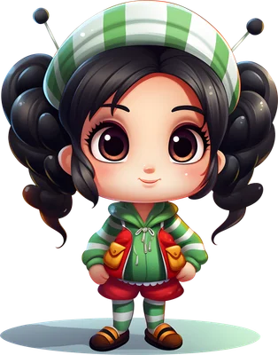 Hình ảnh cô bé hoạt hình chibi dễ thương, tóc đen búi hai bên, đội mũ và mặc áo hoodie sọc xanh lá cây, quần đỏ, cầm túi.