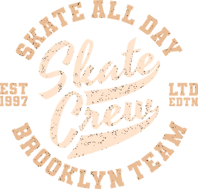 Thiết kế chữ Skate Crew với phong cách vintage, màu be nhạt trên nền xám, có chữ Skate All Day, Brooklyn Team.