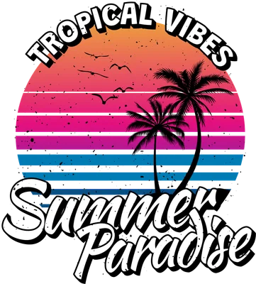 Hình ảnh hoàng hôn nhiệt đới phong cách retro với cây dừa, chim bay và chữ 'Tropical Vibes Summer Paradise'.