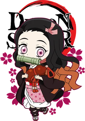 Hình ảnh chibi Nezuko Kamado từ Demon Slayer, đeo ống tre ngậm miệng, cầm bình rượu, với hoa anh đào và logo Demon Slayer phía sau.