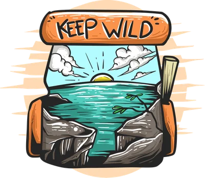 Hình minh họa balo chứa phong cảnh biển núi và mặt trời với dòng chữ Keep Wild phong cách hoạt hình