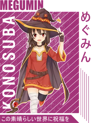 Hình ảnh cô gái pháp sư Megumin trong anime Konosuba, mặc trang phục đỏ, đội mũ pháp sư, cầm trượng, phong cách chibi.