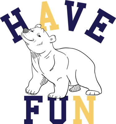 Hình vẽ gấu bắc cực hoạt hình màu trắng với dòng chữ 'HAVE FUN' màu xanh đậm và vàng trên nền xám.