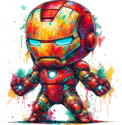 Hình ảnh Iron Man phiên bản chibi với bộ giáp đỏ vàng rực rỡ, hiệu ứng màu nước bắn tung tóe trên nền xám.