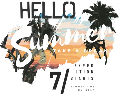 Thiết kế đồ họa chữ Hello Summer màu trắng nổi bật trên nền hoàng hôn biển và cây cọ đen, phong cách vintage.