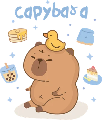 Hình vẽ capybara hoạt hình màu nâu mũm mĩm đội vịt vàng, xung quanh có bánh pancake, pudding, trà sữa, bánh kem trên nền xám.
