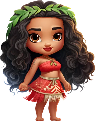 Hình vẽ chibi nhân vật Moana với mái tóc xoăn đen, đội vòng lá xanh, mặc trang phục thổ dân màu đỏ.