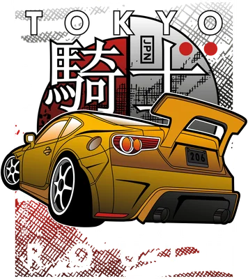 Hình ảnh minh họa xe thể thao màu vàng với cánh gió lớn, phong cách JDM, có chữ Tokyo Racing và các ký tự Nhật Bản.
