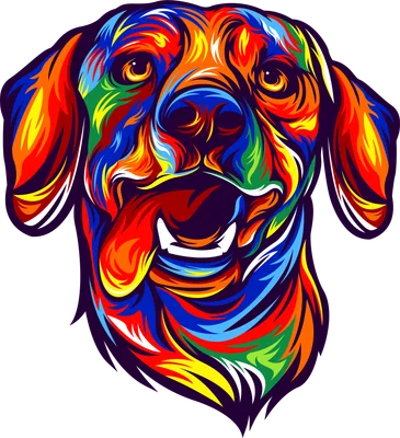 Hình ảnh chó Labrador với bộ lông đa sắc màu rực rỡ, phong cách pop art, thể hiện sự vui vẻ.