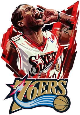 Hình vẽ Allen Iverson trong trang phục Philadelphia 76ers, đang ăn mừng với biểu cảm mạnh mẽ và tay giơ lên.